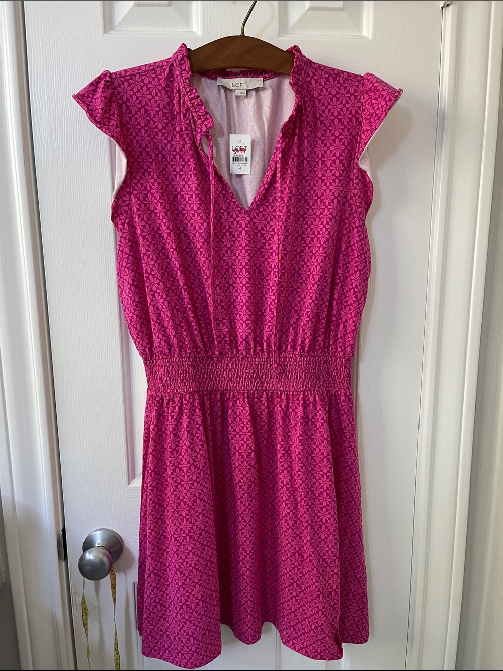LOFT Magenta Geometric Smocked-Waist Mini Dress